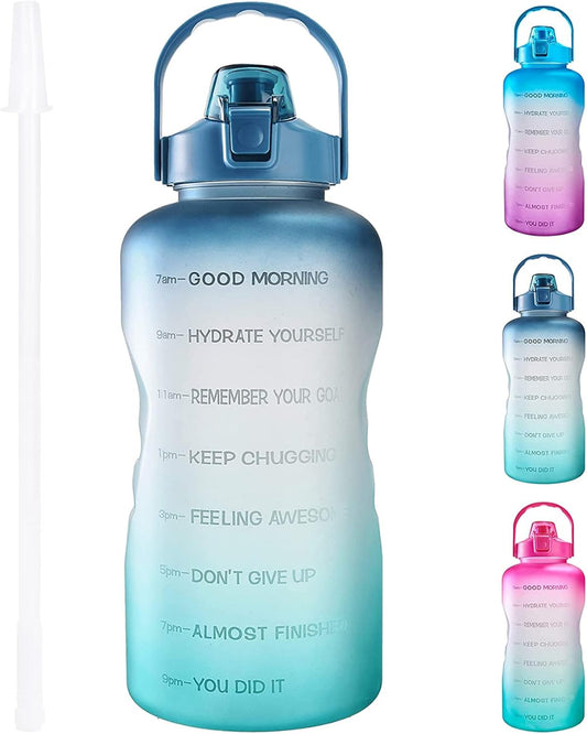 Gallon Water Bottle with Straw & Time Marker, Leakproof 128 Oz Motivational Sports Water Bottle to Ensure You Drink Enough Water during Activities (Navy/Green Gradient)1